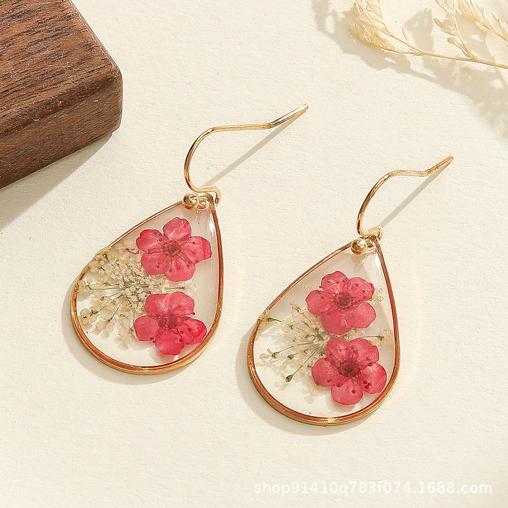 Wholesale transparent camellia dried flower water drop flower earrings